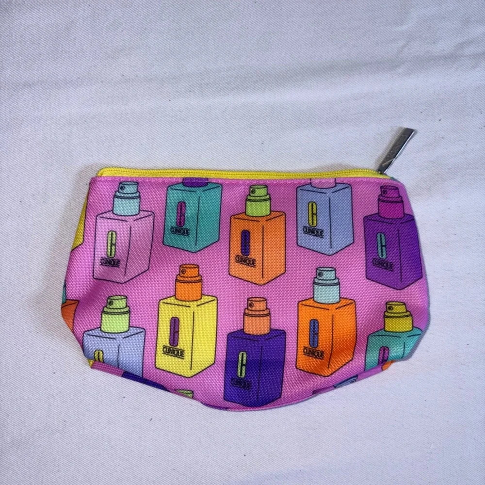Clinique Cosmetic Bag Small Pink Multi Excellent Pop Art Perfume Bottle Print